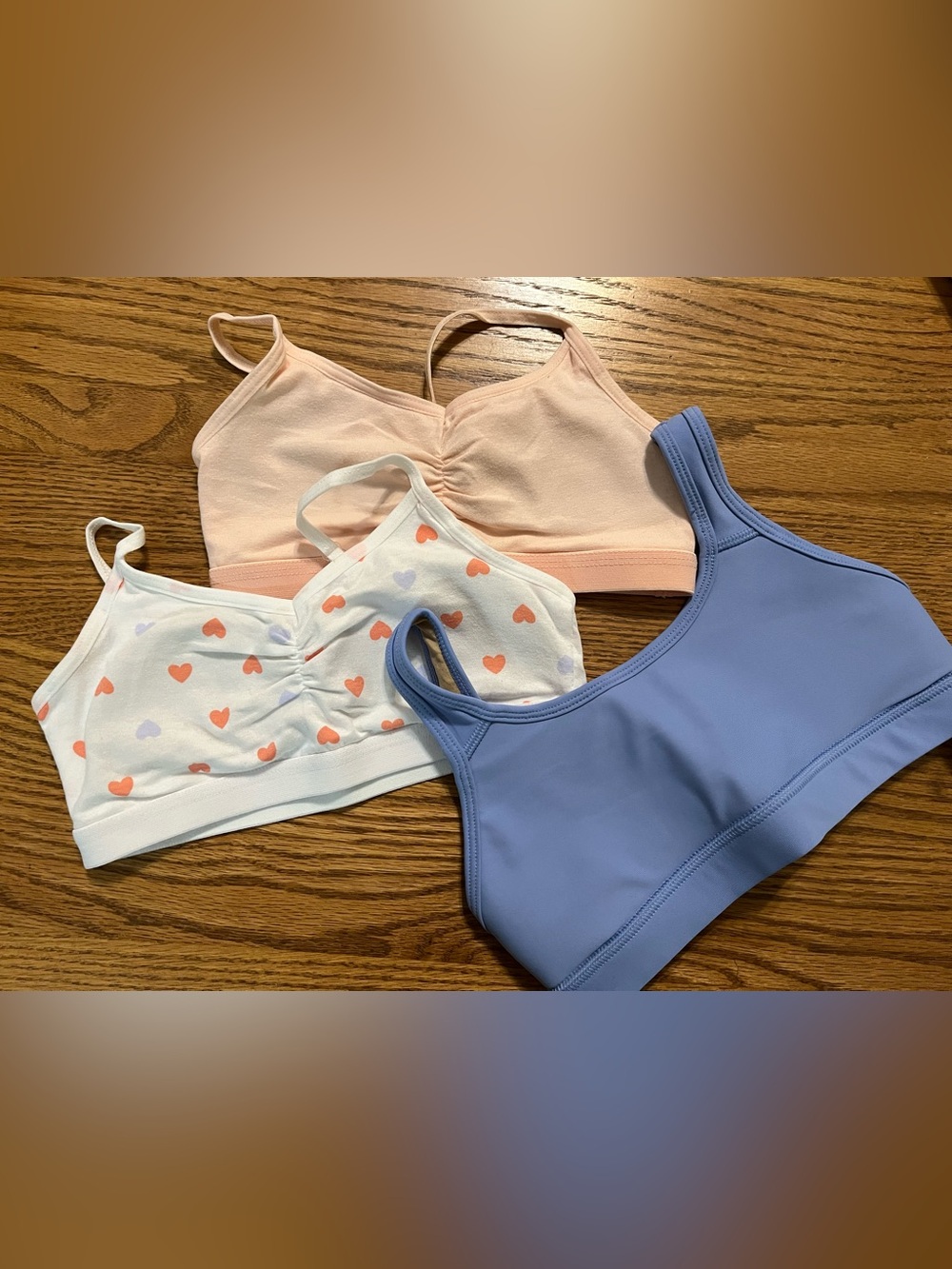 Old Navy Girls 3-Pack Bralettes in Peach, White Heart Print & Periwinkle